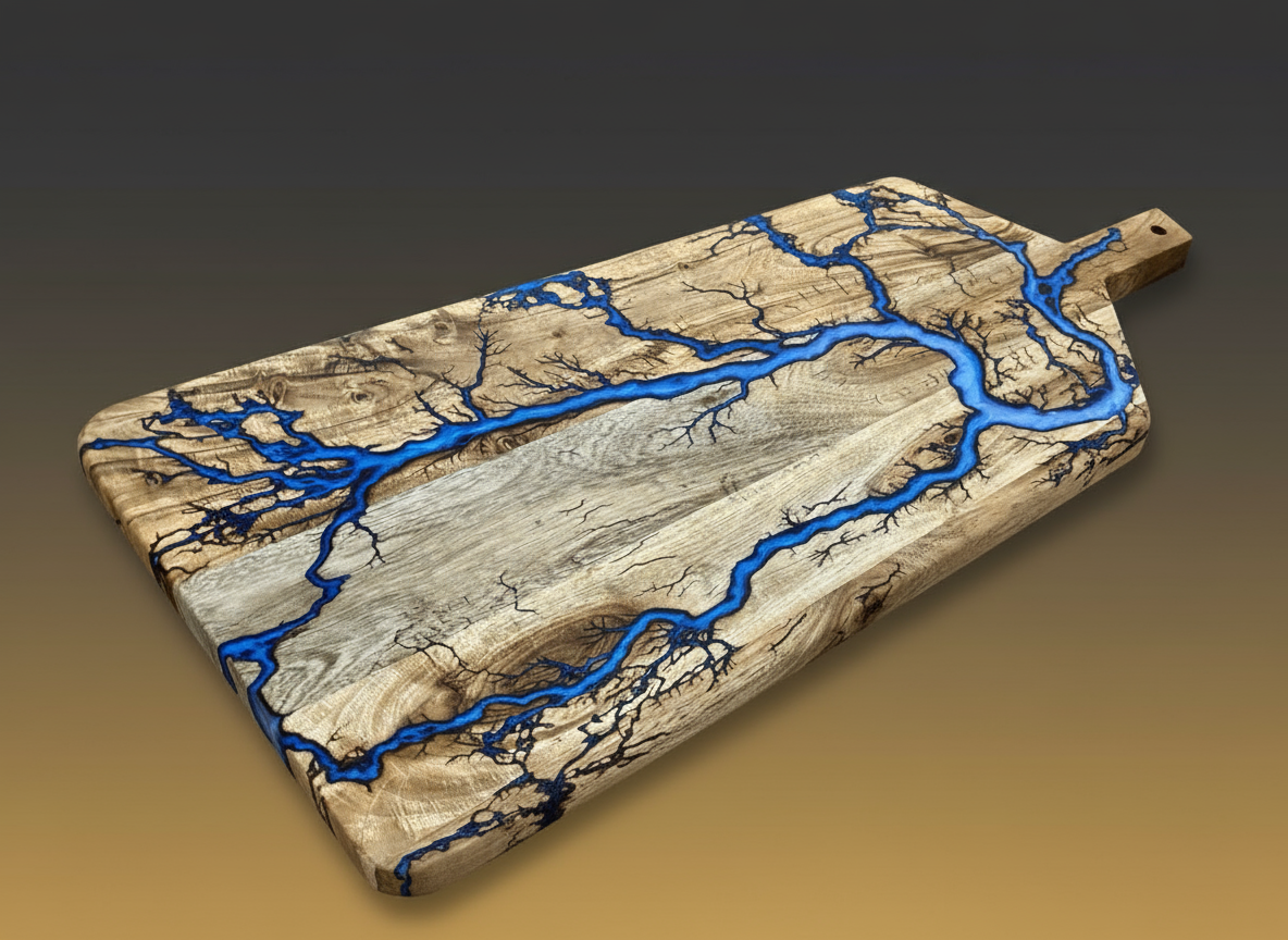 Fractal Flow Designs – leaders in Australian Resin Boards, showcasing this premium large grazing paddle, artisan timber with resin inlay, made in Victoria, Australia; designed as a gourmet entertaining platter and luxury homeware gift.
