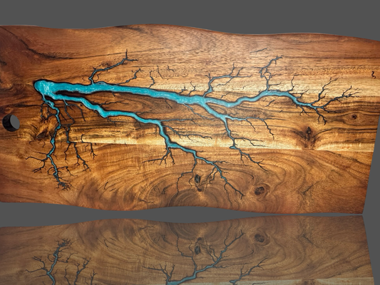 Fractal Flow Designs live edge timber and resin board – Australian-made serving platter with fractal burning, artisan kitchenware, gift-ready.