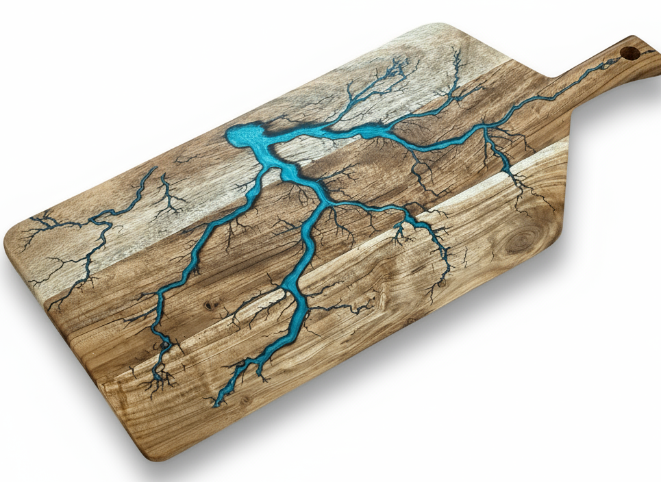Australian Resin Boards – large grazing paddle handcrafted in Bairnsdale, Victoria by Fractal Flow Designs, 720mm x 300mm timber board with bold resin inlay, ideal for grazing platters, BBQ spreads, and gourmet entertaining, ships Australia-wide. 