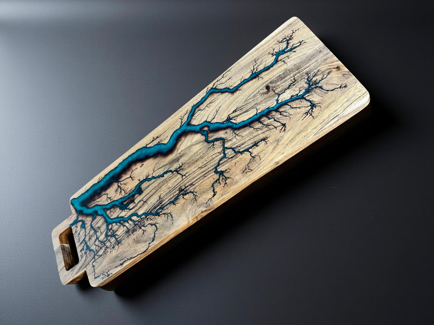 Handcrafted emerald green resin grazing board with premium artisan fractal burning detail Australia