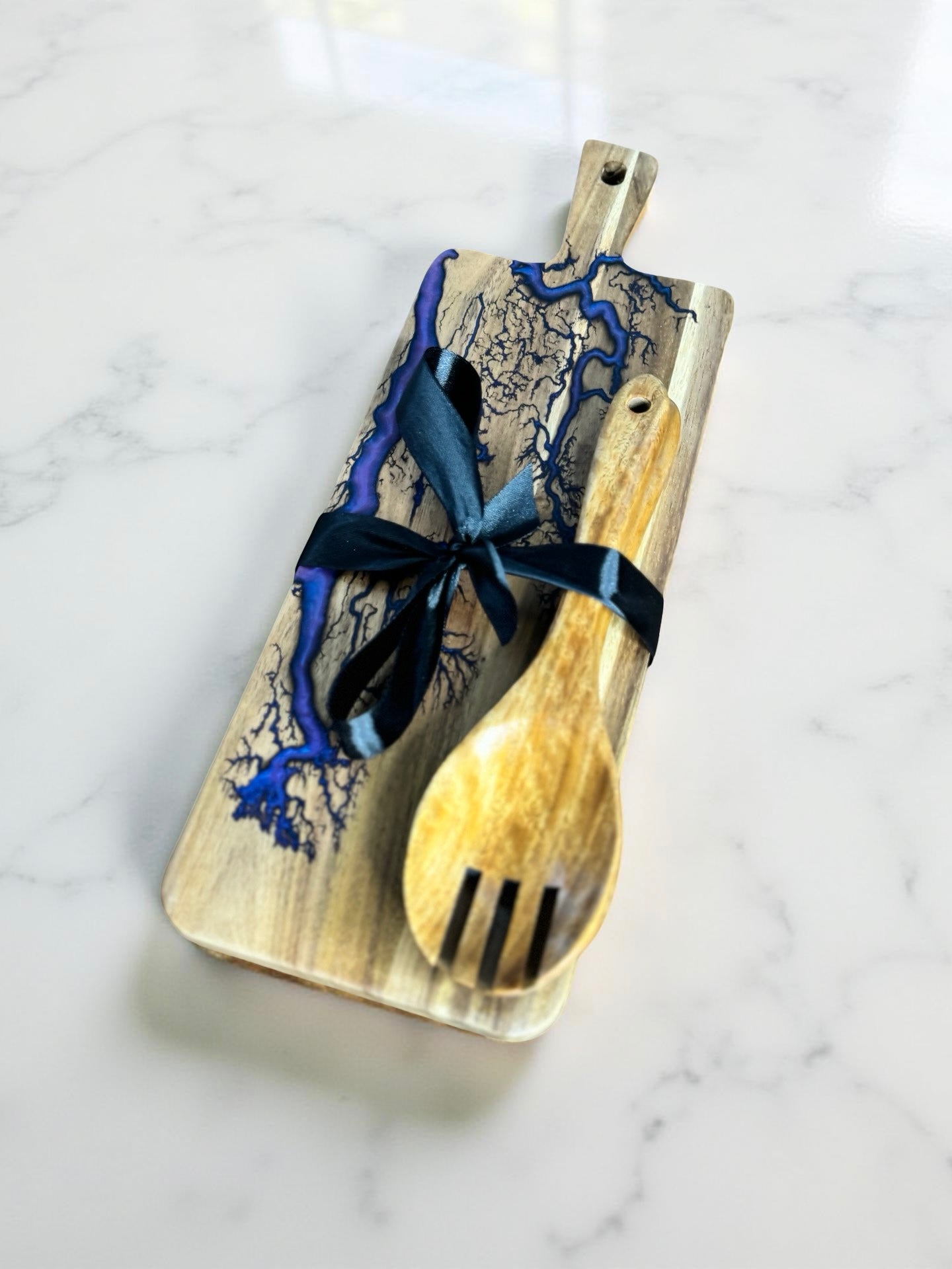 Purple resin rectangle serving board with teak utensils, handcrafted timber board Australia