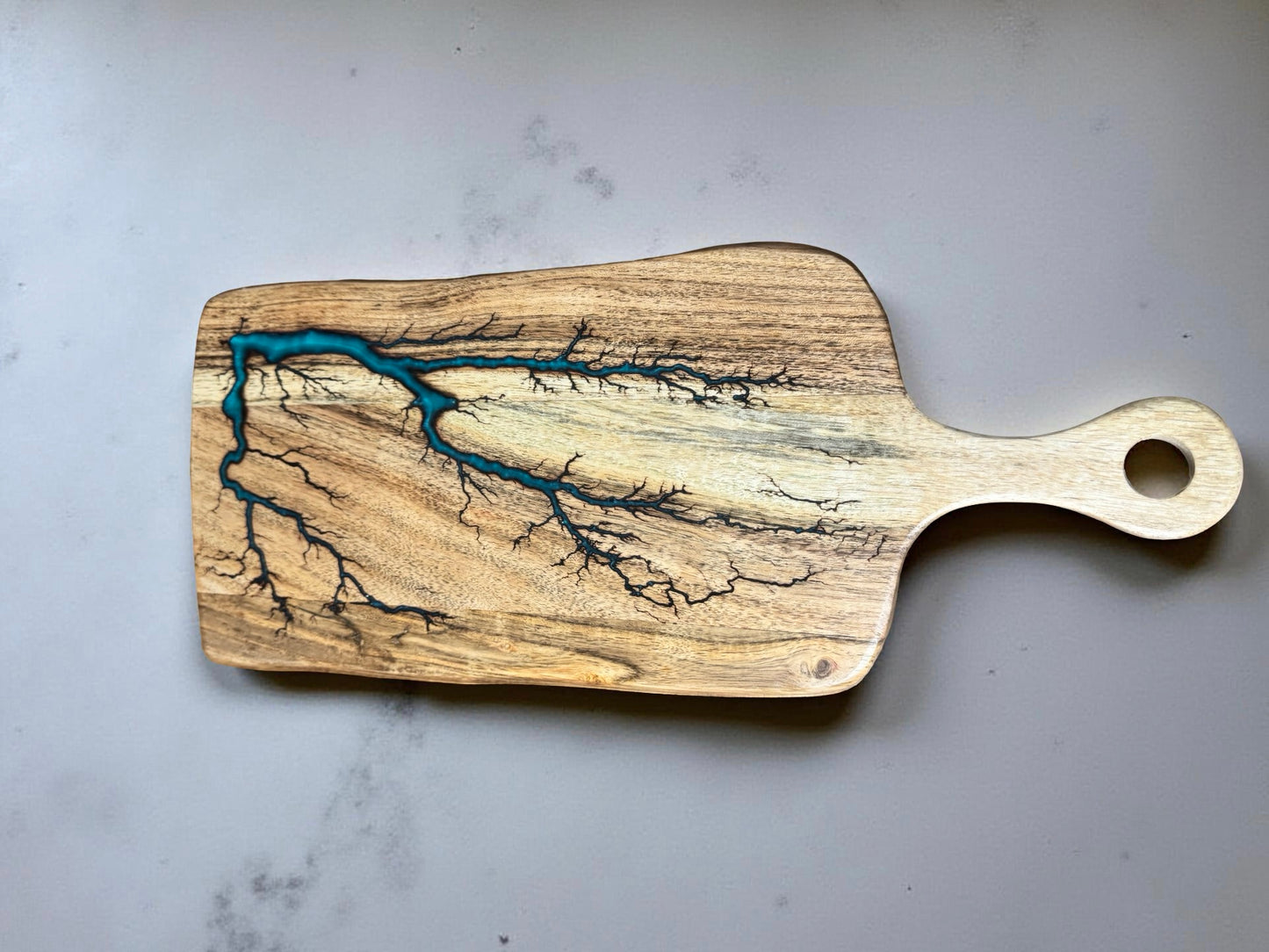 Teal resin rectangle cheese board acacia timber with fractal burning art resin boards australia east gippsland