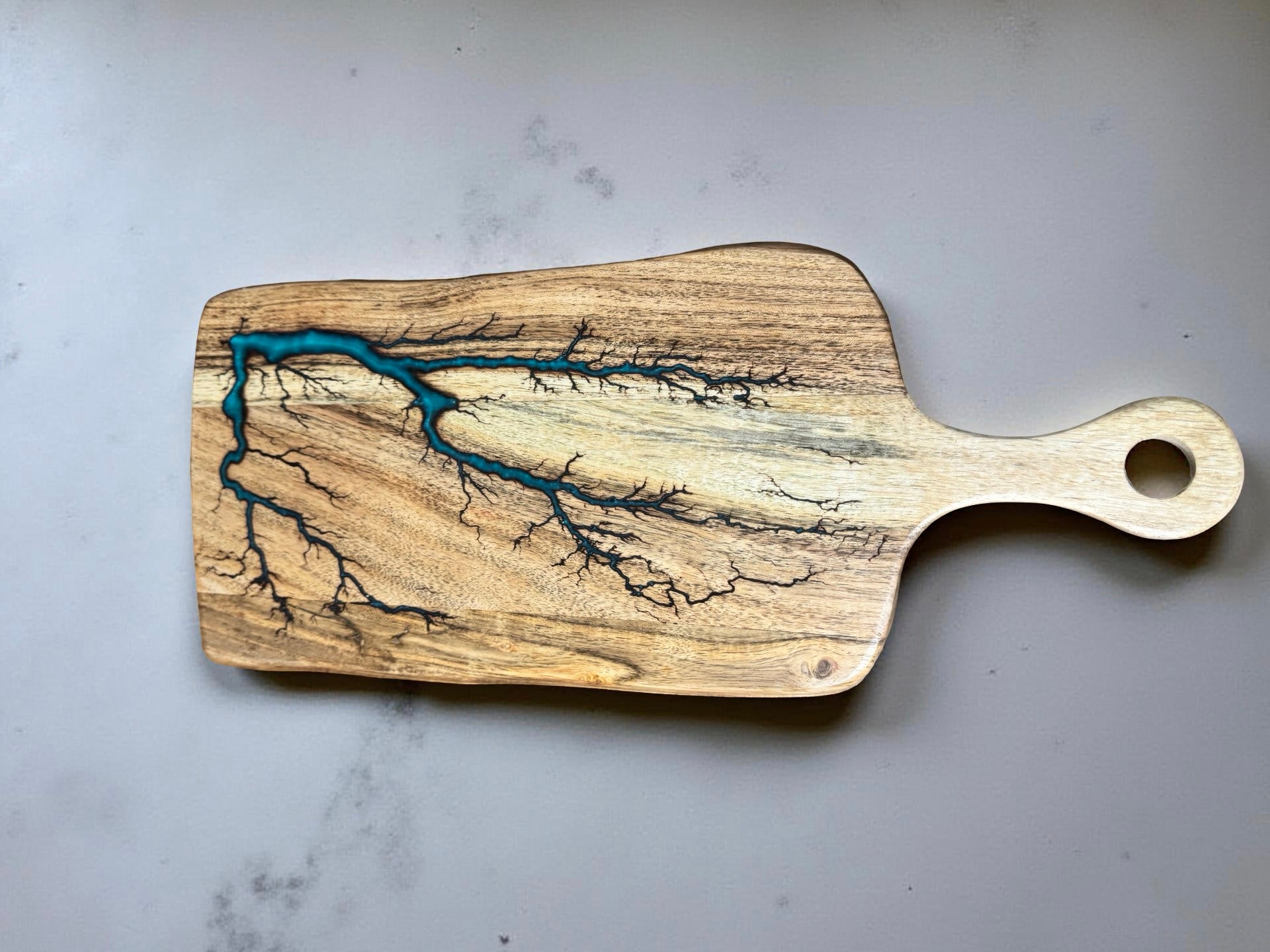 Teal resin rectangle cheese board acacia timber with fractal burning art resin boards australia east gippsland