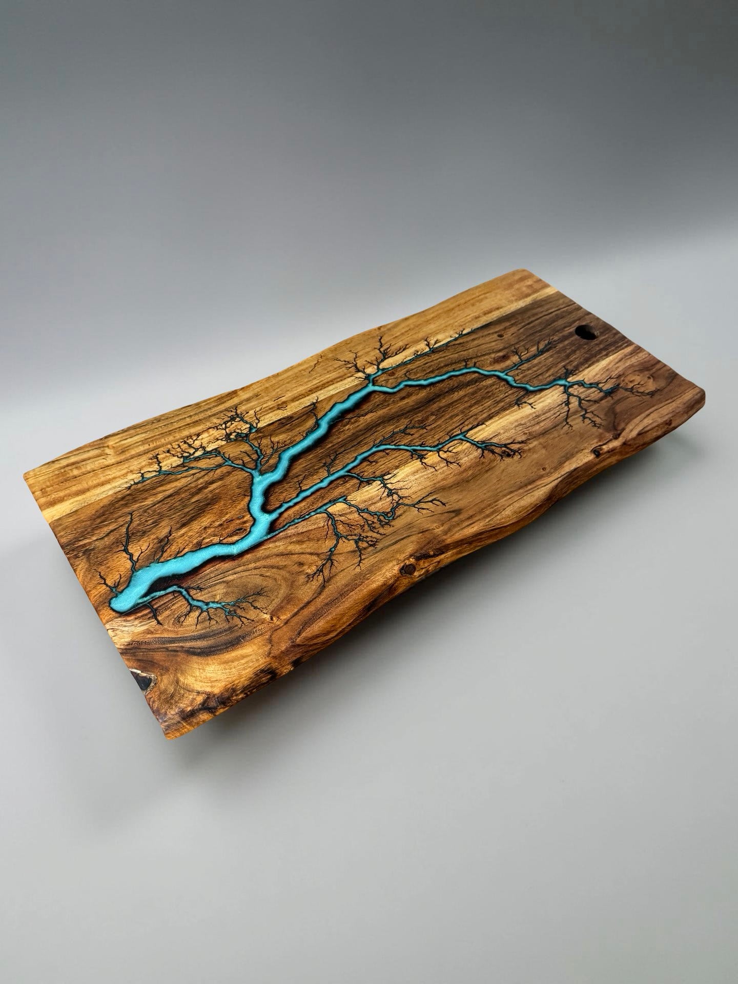 Handmade live edge platter teal resin with lightning strike fractal burn pattern, Australian made