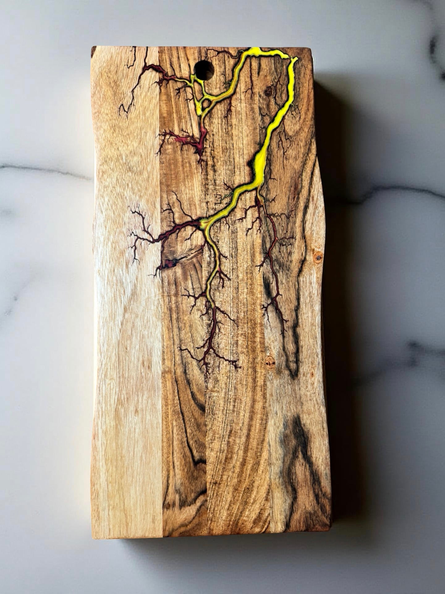 Live edge fire resin board red and yellow resin boards Australia handcrafted timber with bold fractal burning