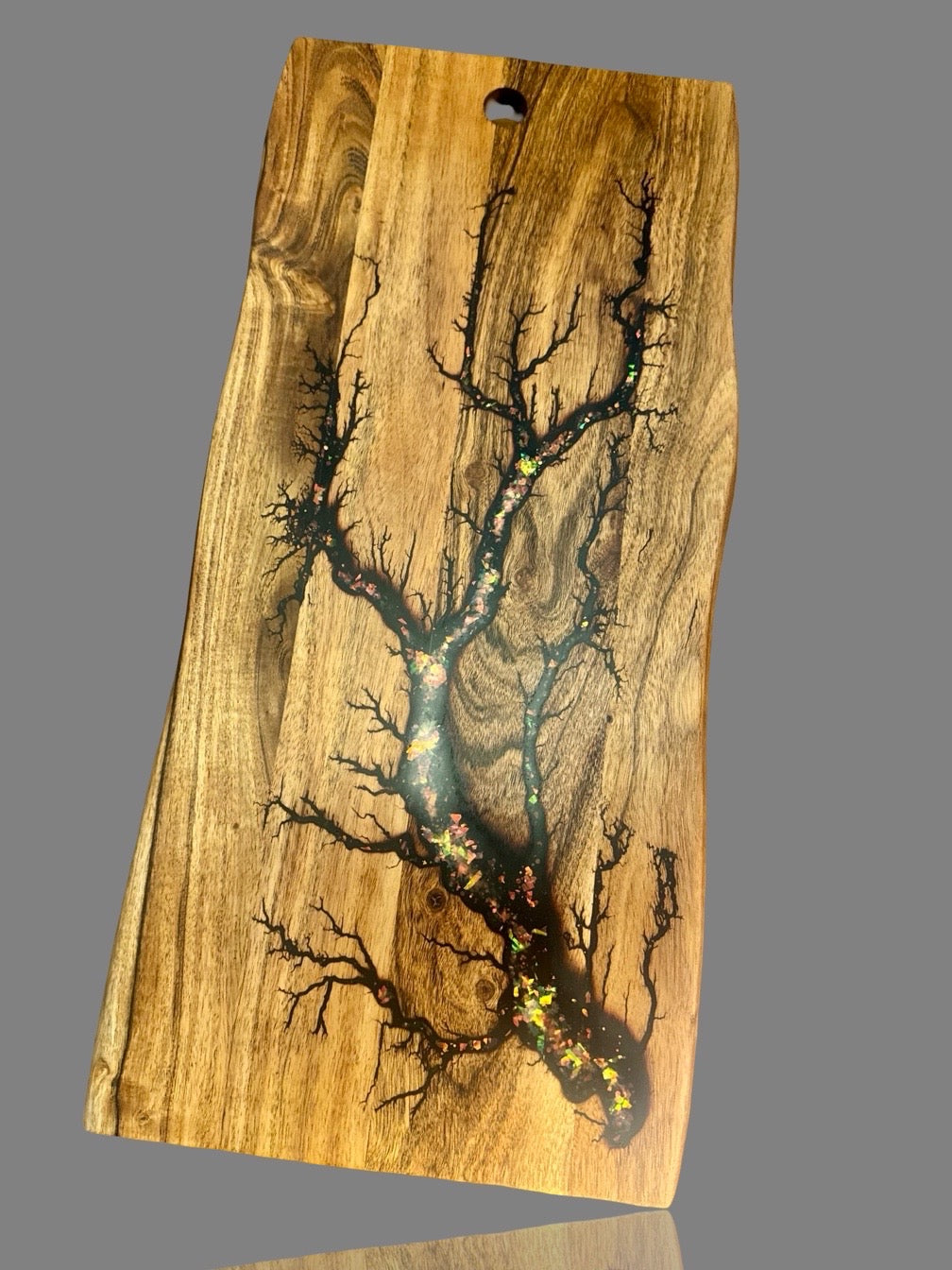 Contemporary live edge resin charcuterie board, handcrafted for cheese, wine, and grazing spreads