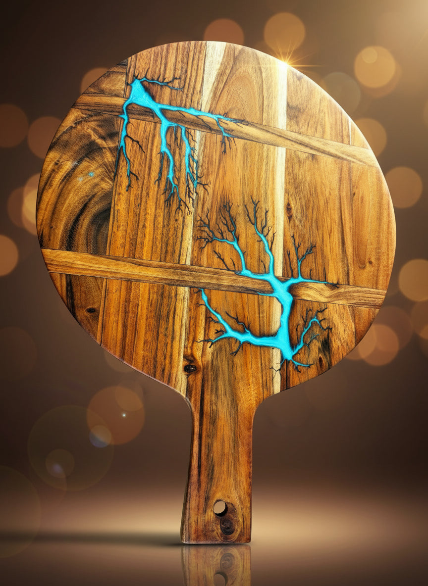 Luxury handcrafted resin cheese platter board made in Victoria, Australia. Designed by Fractal Flow Designs using food-safe resin and local timber for modern entertaining.