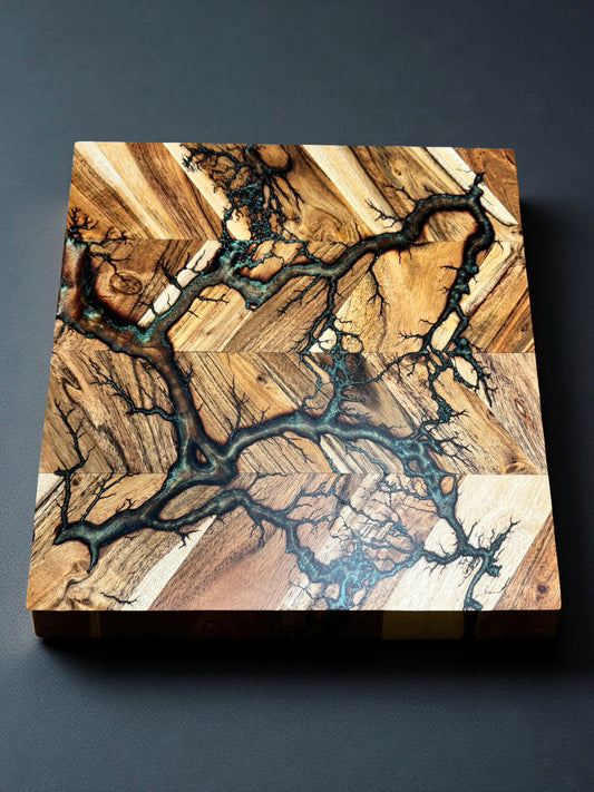 Square Australian hardwood chopping board 320 x 320 featuring red green chameleon resin colour shift and detailed fractal burning artwork made in Bairnsdale Australia by Fractal Flow Designs Australia’s resin board brand
