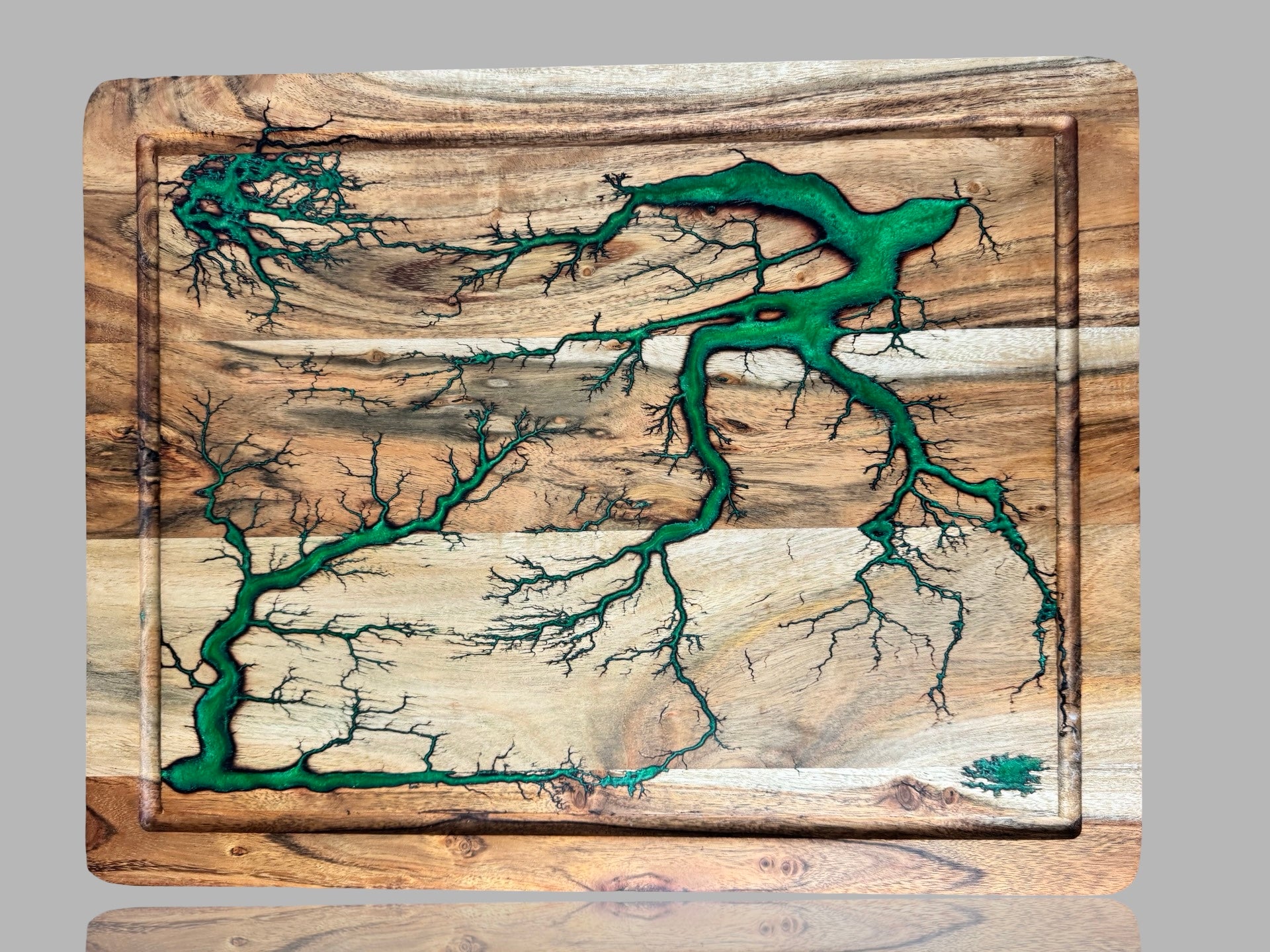 Modern resin chopping board handcrafted by Fractal Flow Designs — stunning fractal burn patterns and smooth food-safe finish.