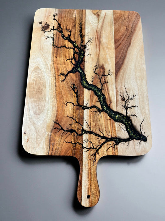 Premium gold sparkle resin paddle with lightning fractal designs and rich Australian hardwood grain