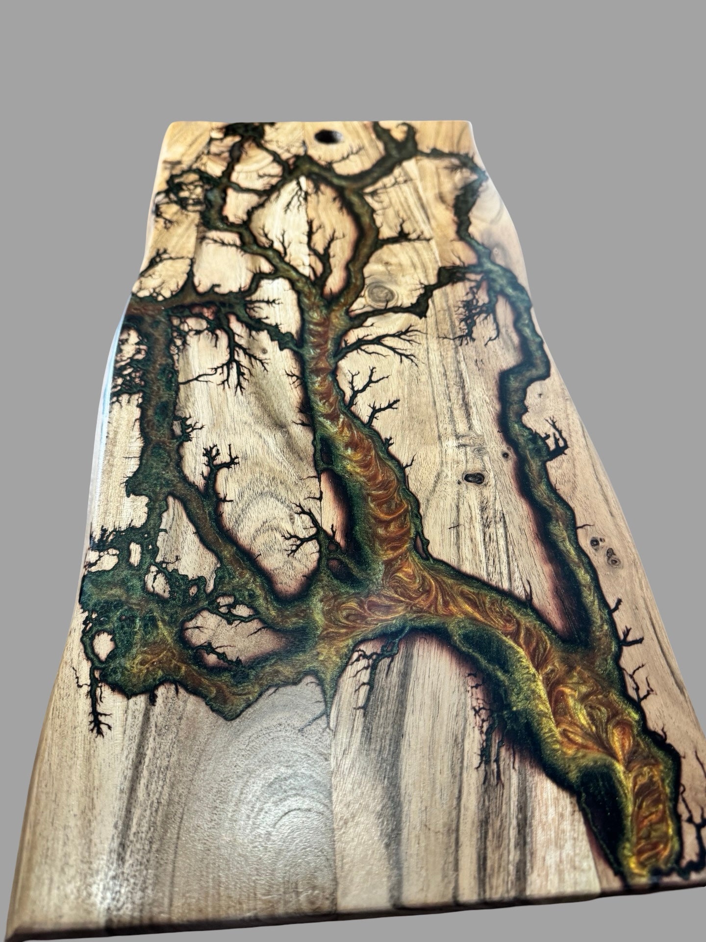 Handcrafted resin serving platter by Fractal Flow Designs made in East Gippsland featuring fractal burning art food safe resin and sustainable Australian timber perfect for grazing and entertaining