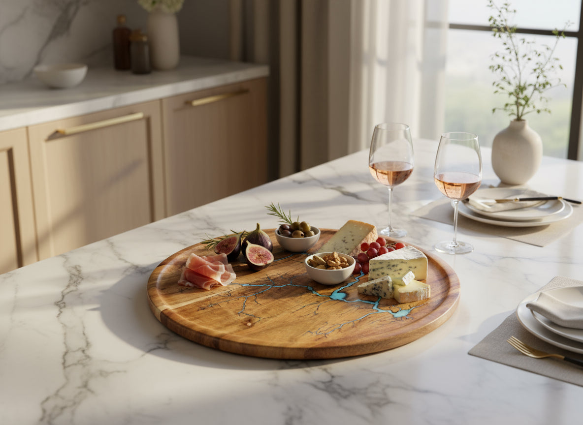Resin cheese and grazing tray handcrafted in Australia by Fractal Flow Designs — food-safe resin artistry and premium timber finish