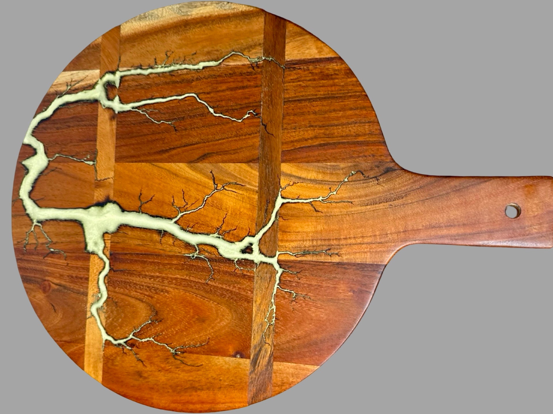 Handcrafted resin art round cheese board, unique Australian timber board for gifting and serving