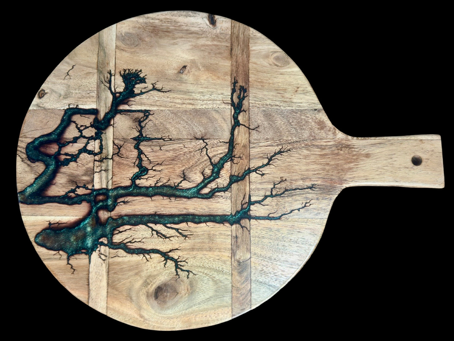 Cheese board with resin detail and fractal burning art for entertaining