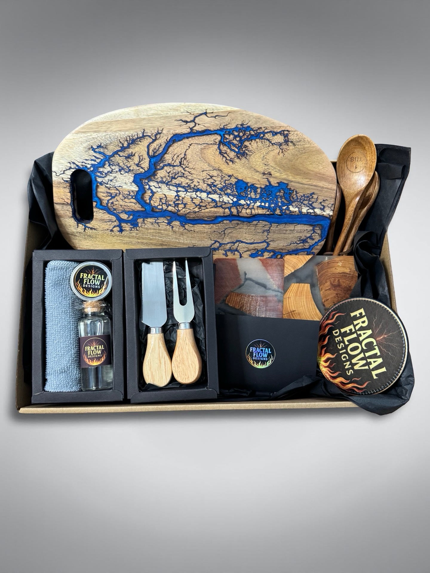 Luxury sapphire blue resin board gift box with cheese knife set care kit resin coasters fractal flow accessories
