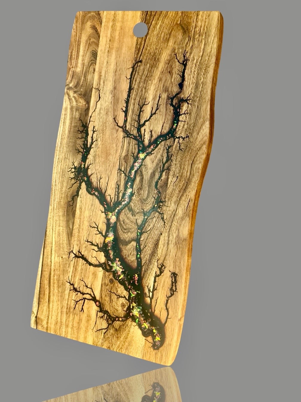 Handcrafted live edge timber serving board with electric fractal burn art from East Gippsland