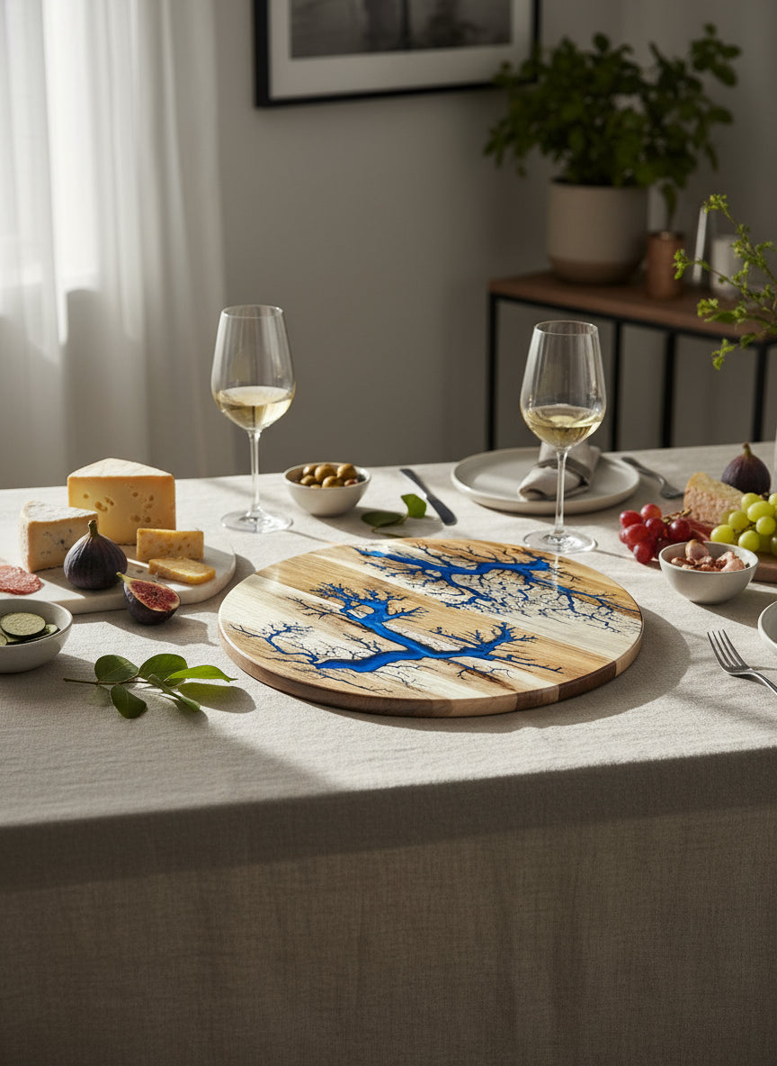 Unique resin lazy Susan by Fractal Flow Designs, handcrafted Australian timber serving platter, resin art grazing board for entertaining East Gippsland