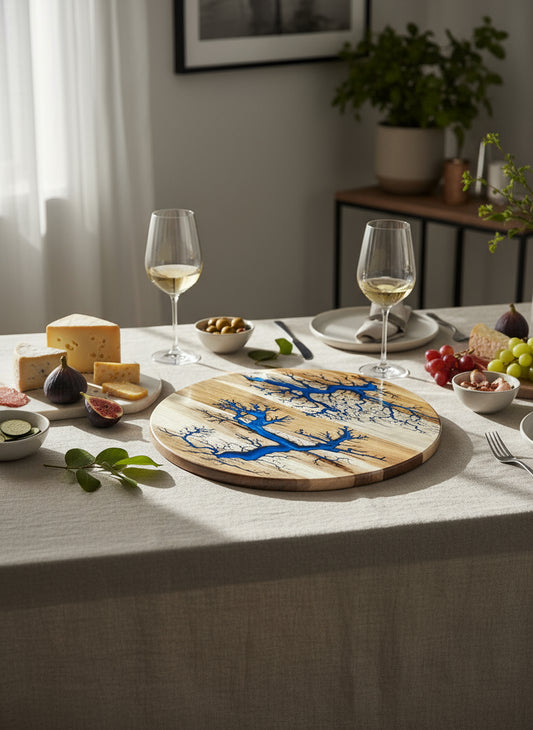 Unique resin lazy Susan by Fractal Flow Designs, handcrafted Australian timber serving platter, resin art grazing board for entertaining East Gippsland