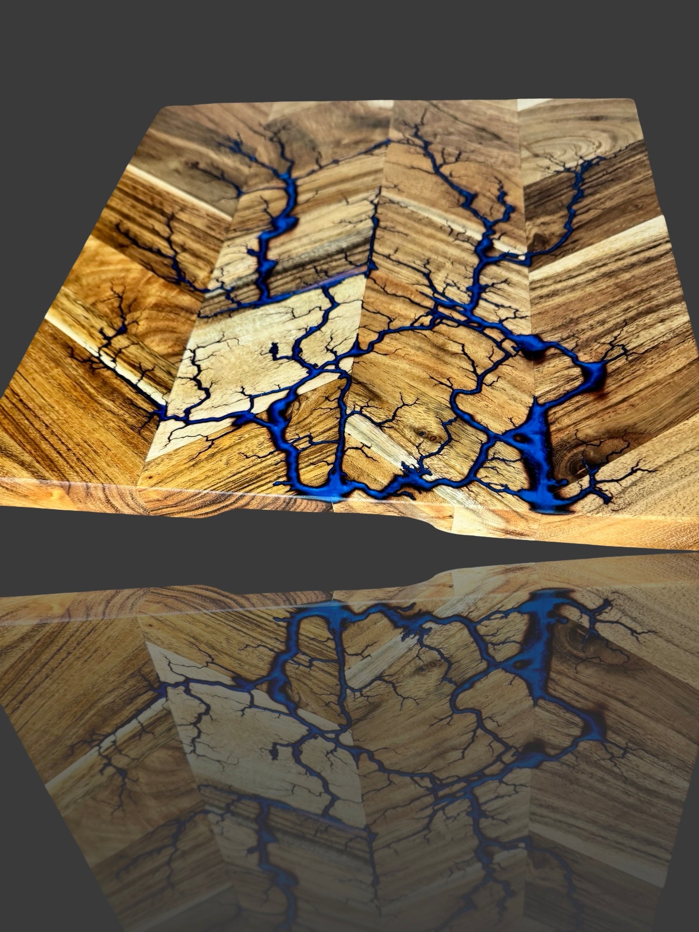 Fractal Flow Designs artist made chopping board with bold resin art and fractal burning detail. Australian-made serving board perfect for gourmet charcuterie and gifting.