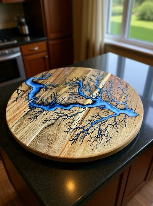 Handmade iridescent blue resin Lazy Susan 450mm diameter featured as table centrepiece in modern home setting, Australian made timber board by Fractal Flow Designs, luxury lifestyle resin art East Gippsland