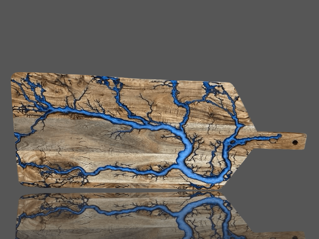 Fractal Flow Designs Australian Resin Boards – oversized timber grazing paddle featuring fractal burning art and resin details, made in East Gippsland, perfect for charcuterie boards, cheese platters, and premium wedding or housewarming gifts.