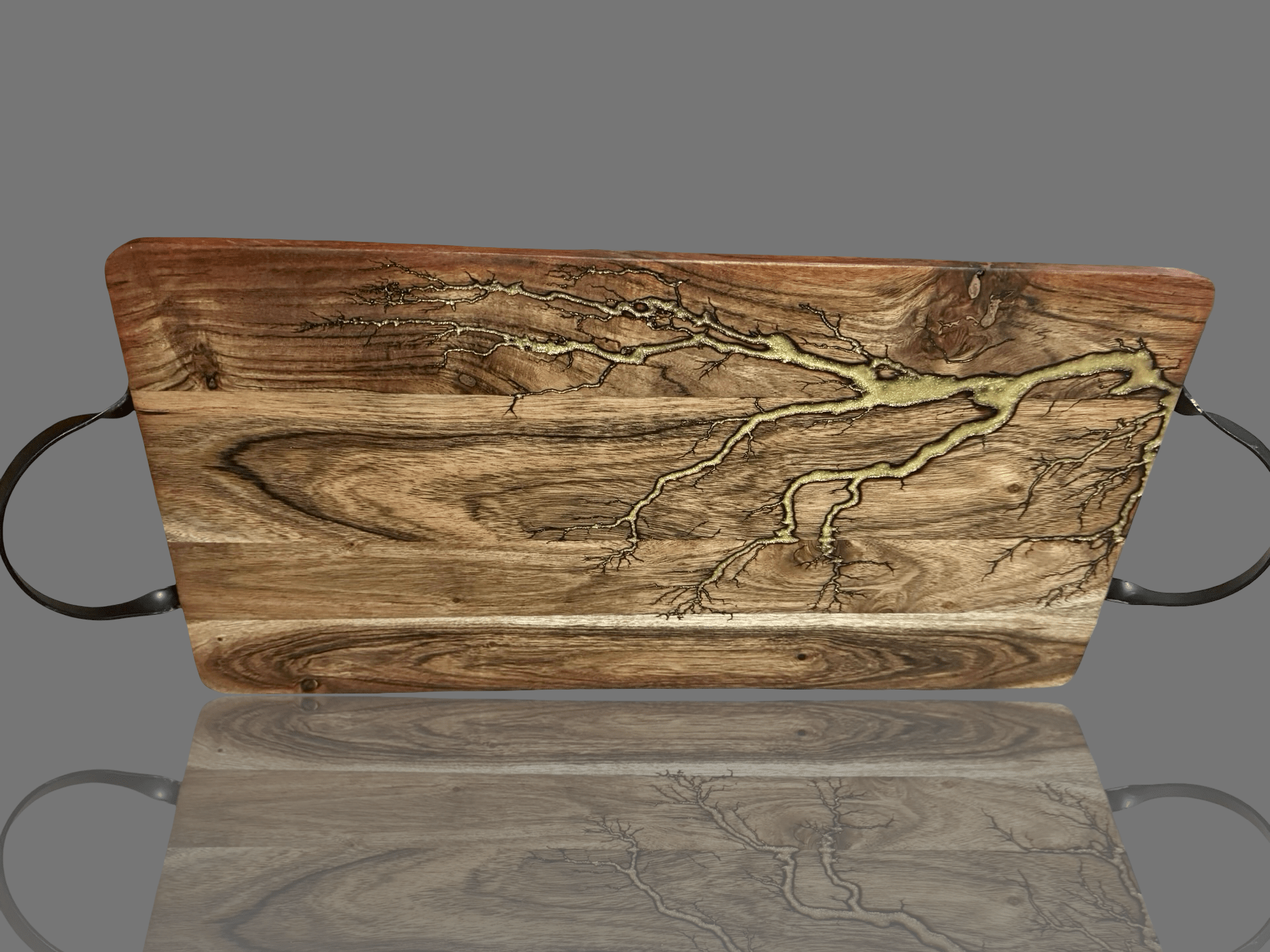 Resin timber serving board by Fractal Flow Designs. Australian-made hardwood with bold resin accents and fractal burning, ideal for cheese boards, grazing platters, charcuterie spreads, or as a premium wedding and housewarming gift