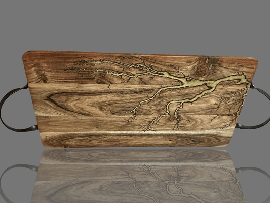 Resin timber serving board by Fractal Flow Designs. Australian-made hardwood with bold resin accents and fractal burning, ideal for cheese boards, grazing platters, charcuterie spreads, or as a premium wedding and housewarming gift