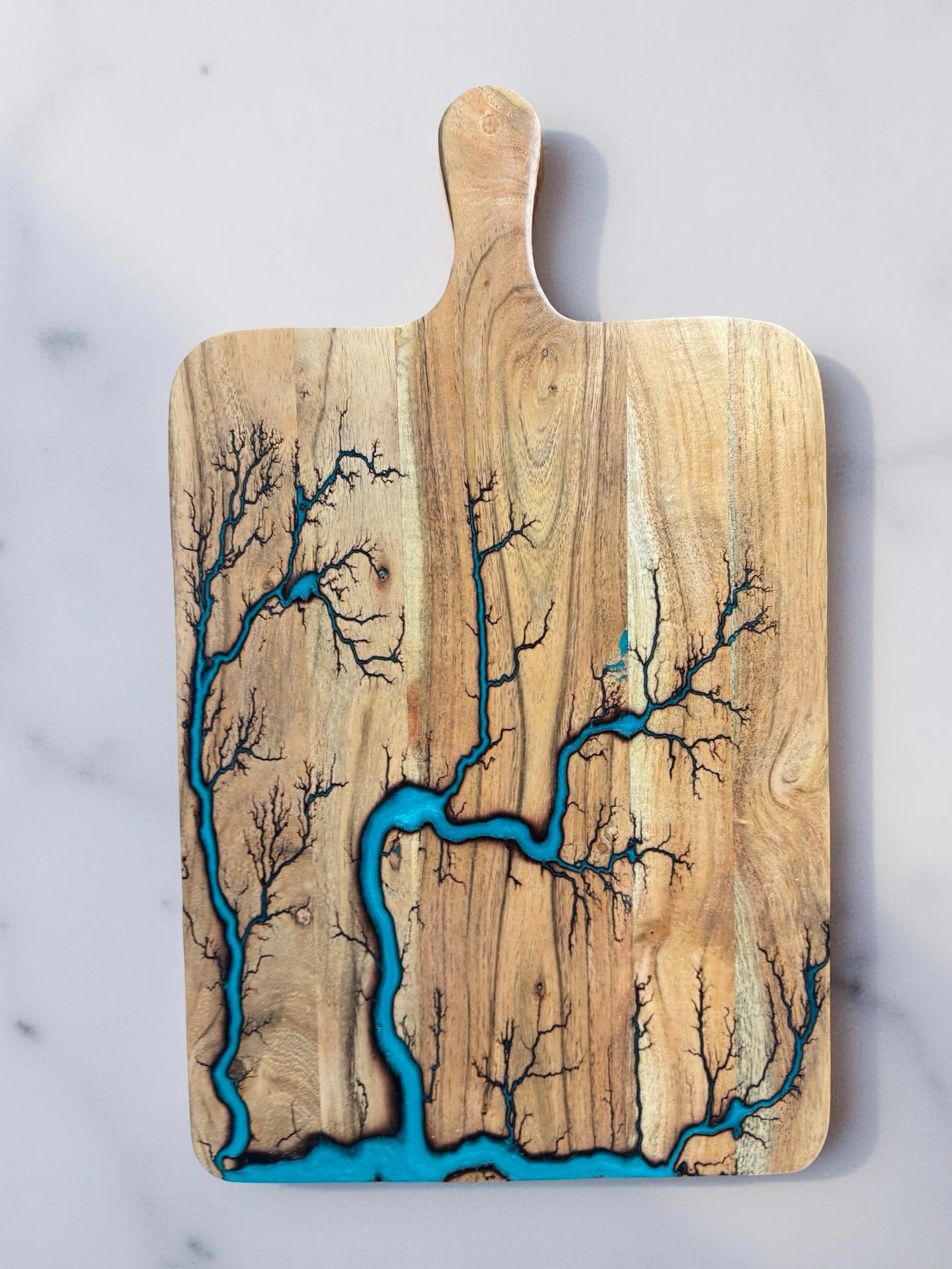 Large lagoon blue resin cheese board acacia paddle resin boards Australia intense fractal burn artwork
