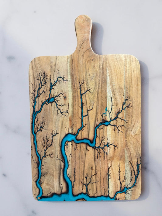 Large lagoon blue resin cheese board acacia paddle resin boards Australia intense fractal burn artwork