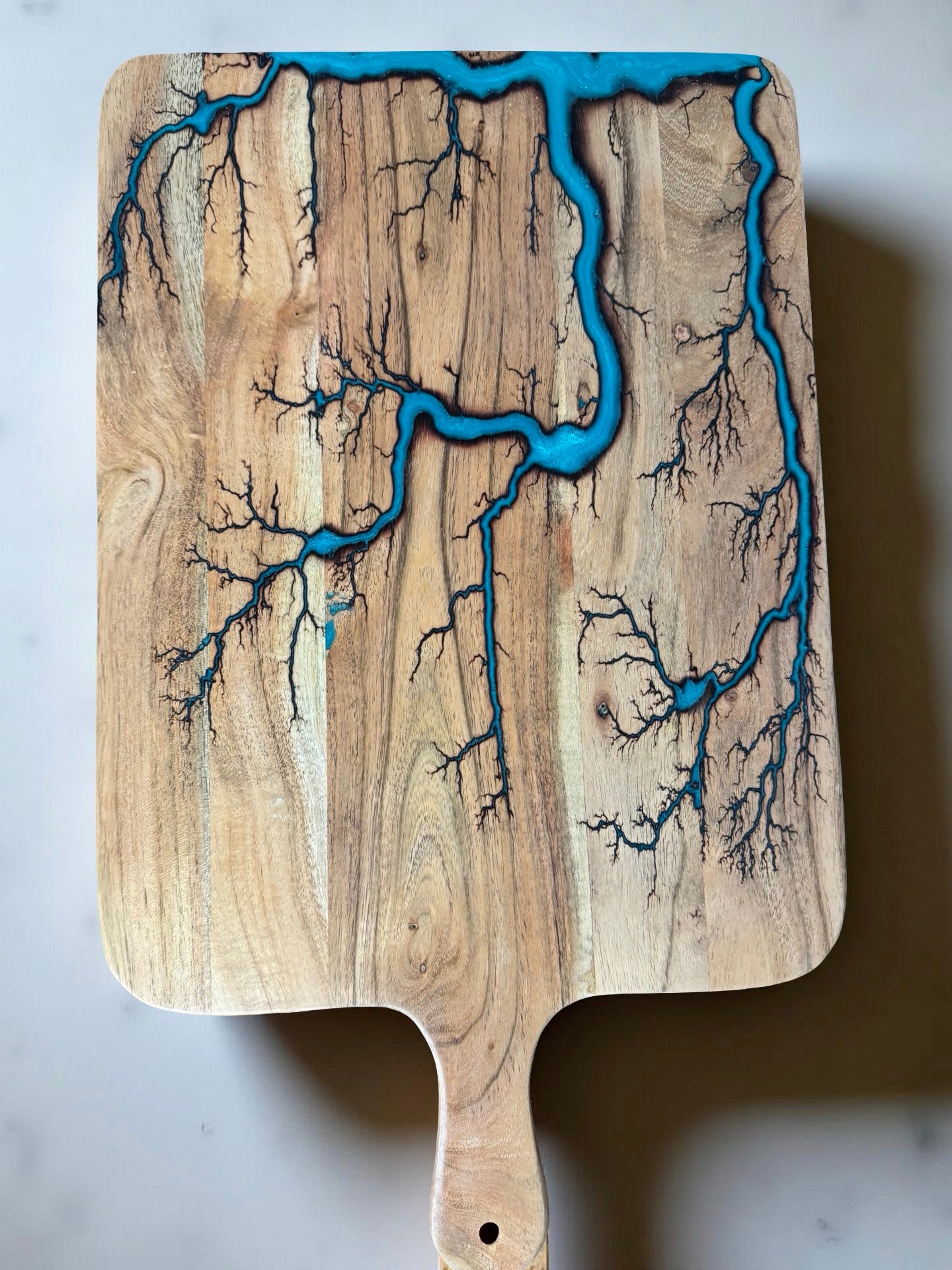 Lagoon blue resin large cheese paddle Australian made acacia board premium fractal burning detail