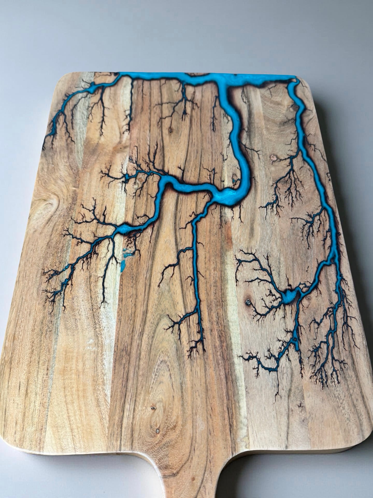 Large cheese paddle lagoon blue resin boards Australia acacia handcrafted with bold fractal burning art