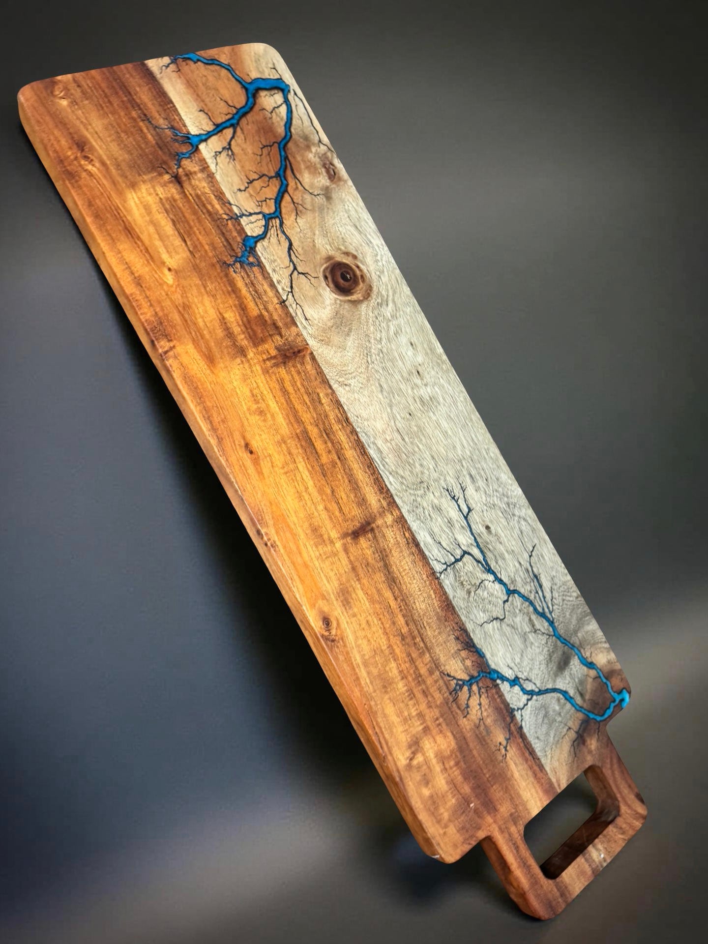 Artisan long charcuterie board 720 x 220 with fractal burning art and bold resin finish resin boards Australia