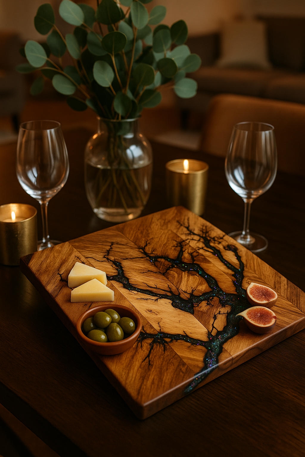 Handcrafted wooden cutting board with bold resin inlay by Fractal Flow Designs, made in Bairnsdale, Victoria. Premium Australian hardwood serving board, perfect for cheese, charcuterie, and grazing platters. Luxury resin board Australia – ships nationwide