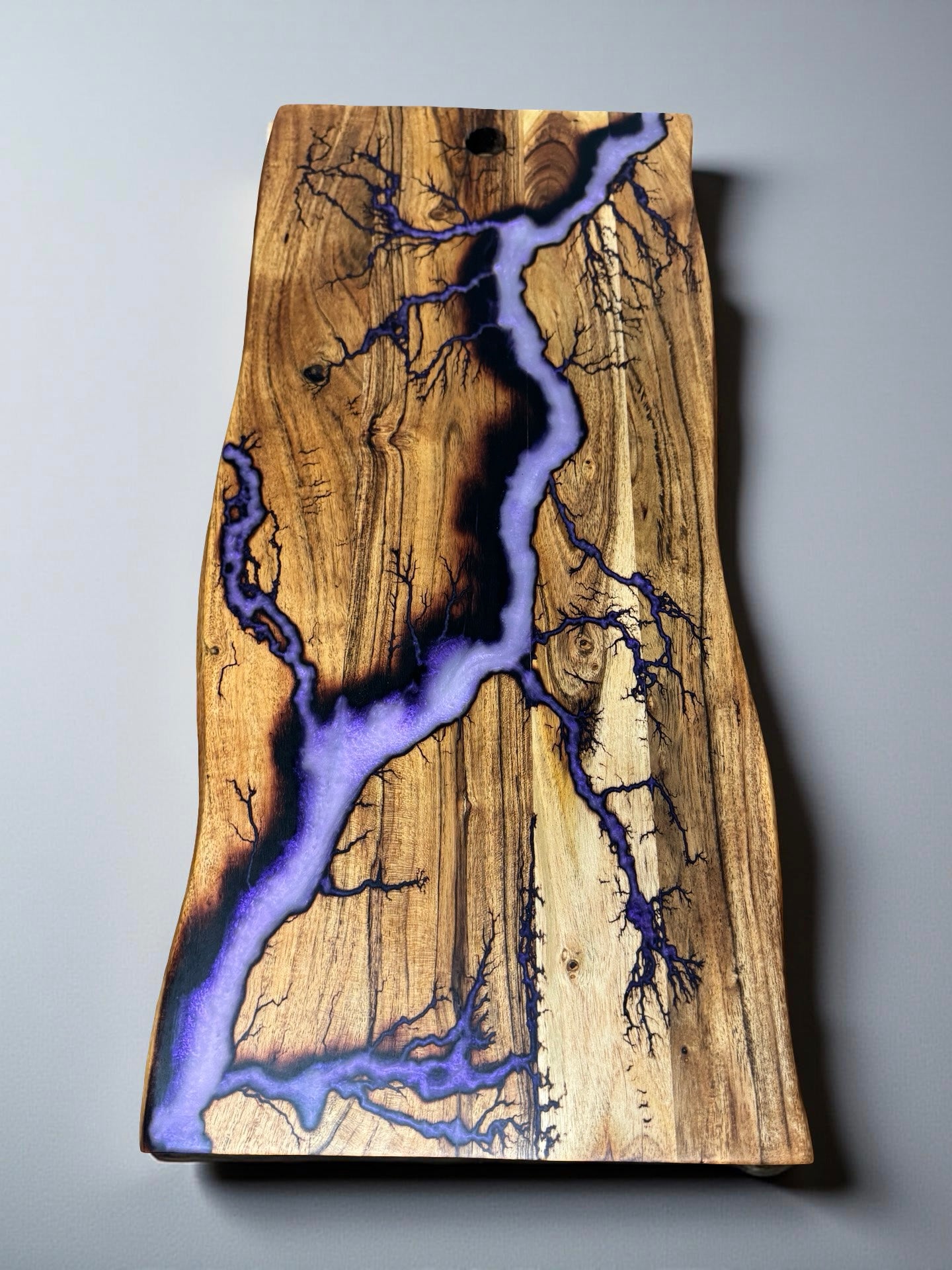 Handmade live edge platter purple iridescent resin with lightning bolt fractal burn pattern, Australian made