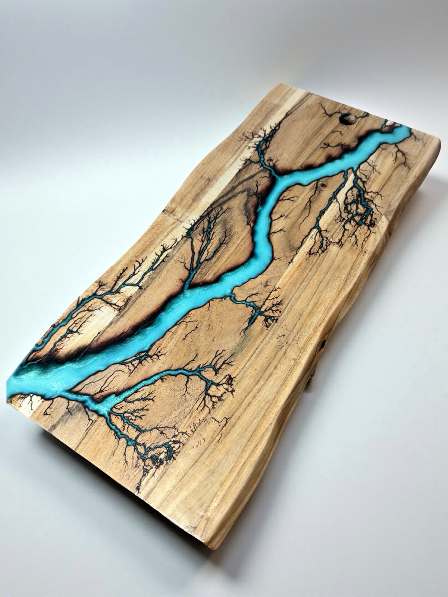 Iridescent green live edge serving board Australian timber resin boards Australia unique fractal burn art