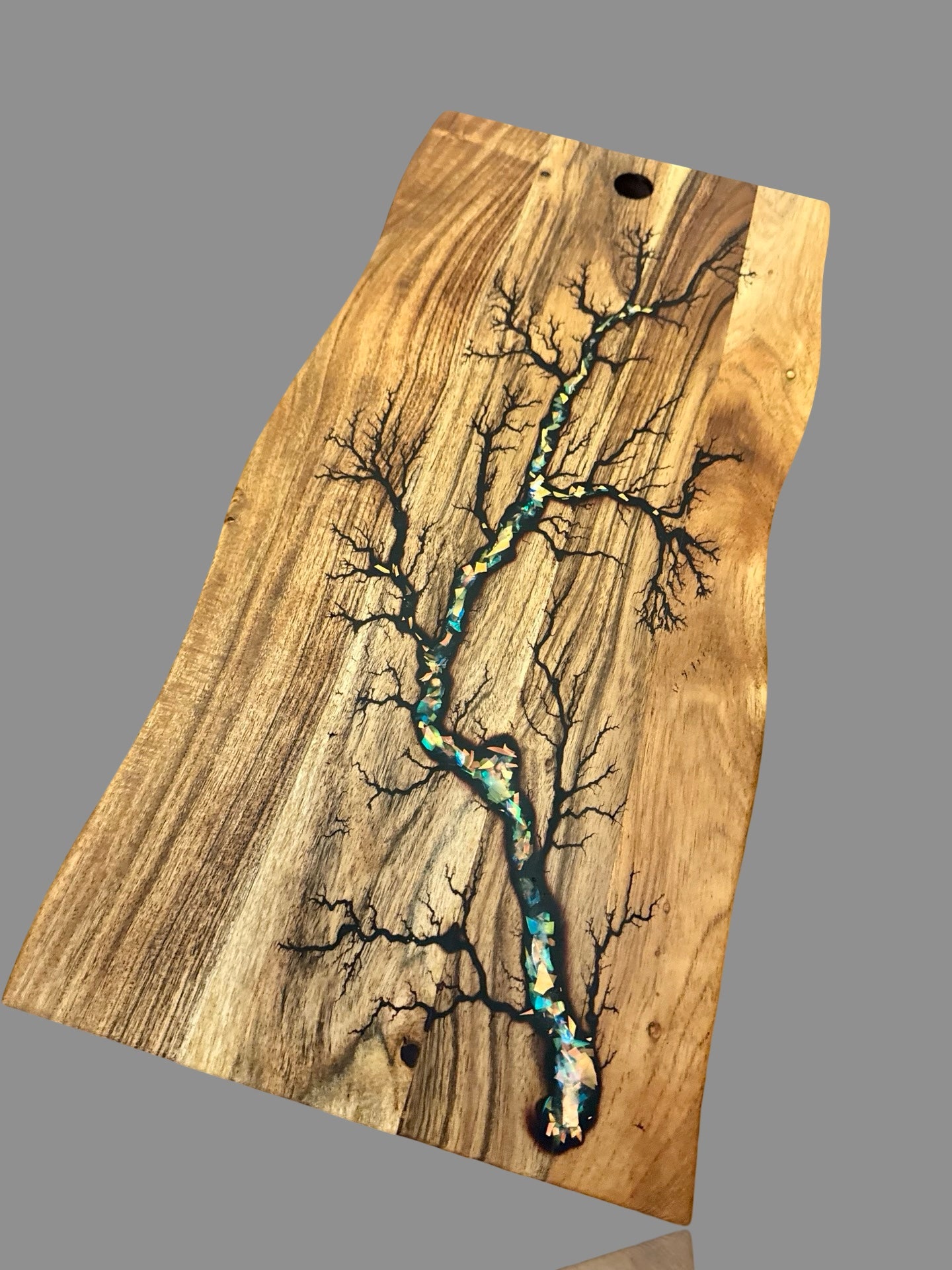 Resin inlay live edge cheese board, handmade timber grazing platter by Fractal Flow Designs, premium gift for food lovers and entertainers
