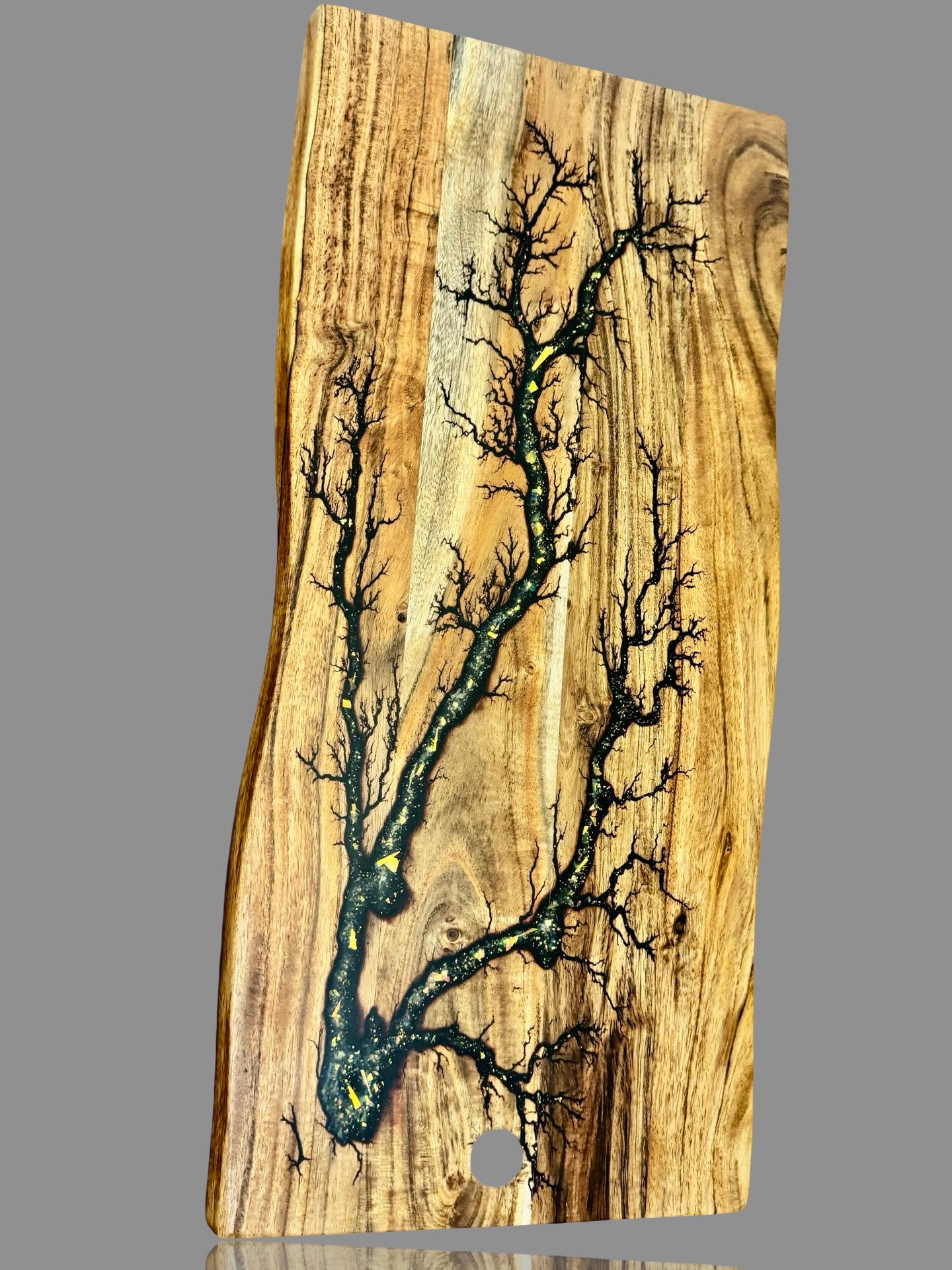 Artist made live edge serving board featuring resin inlay, Australian resin board by Fractal Flow Designs, versatile platter for cheese, charcuterie, grazing and gifting