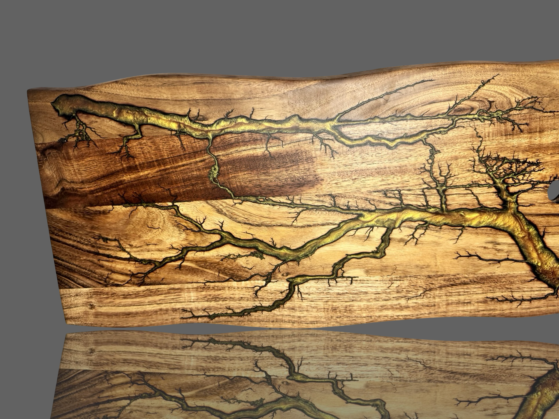 Unique fractal-burned live edge charcuterie board – artisan resin and timber grazing platter handmade in Bairnsdale, Victoria, ships Australia-wide