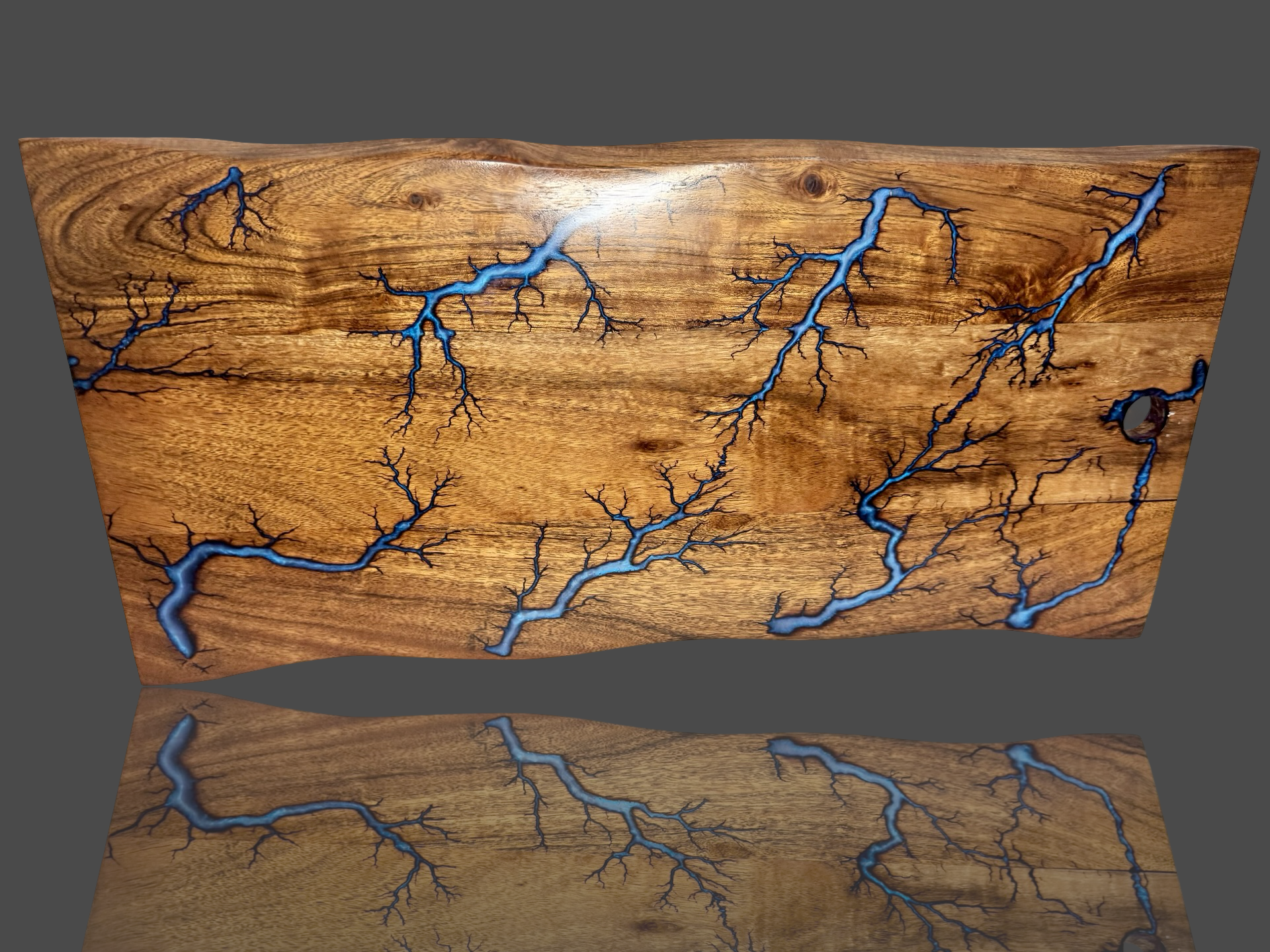 Fractal burning live edge resin charcuterie board – premium Australian-made timber gift board. Perfect for cheese platters, grazing spreads, and special occasions. Ships Australia-wide.