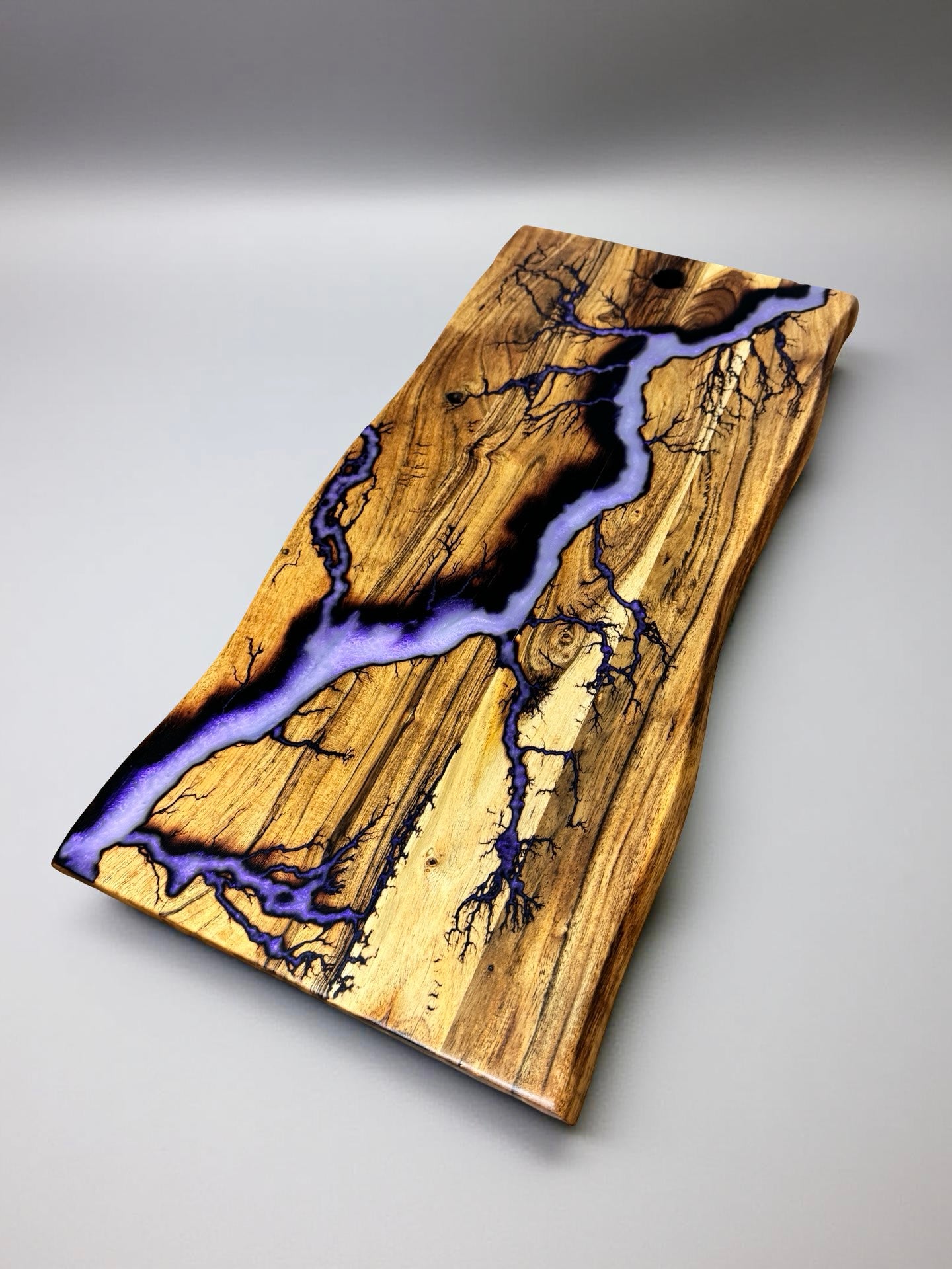 Live edge charcuterie board purple iridescent resin swirl and lightning fractal burn detail, handcrafted