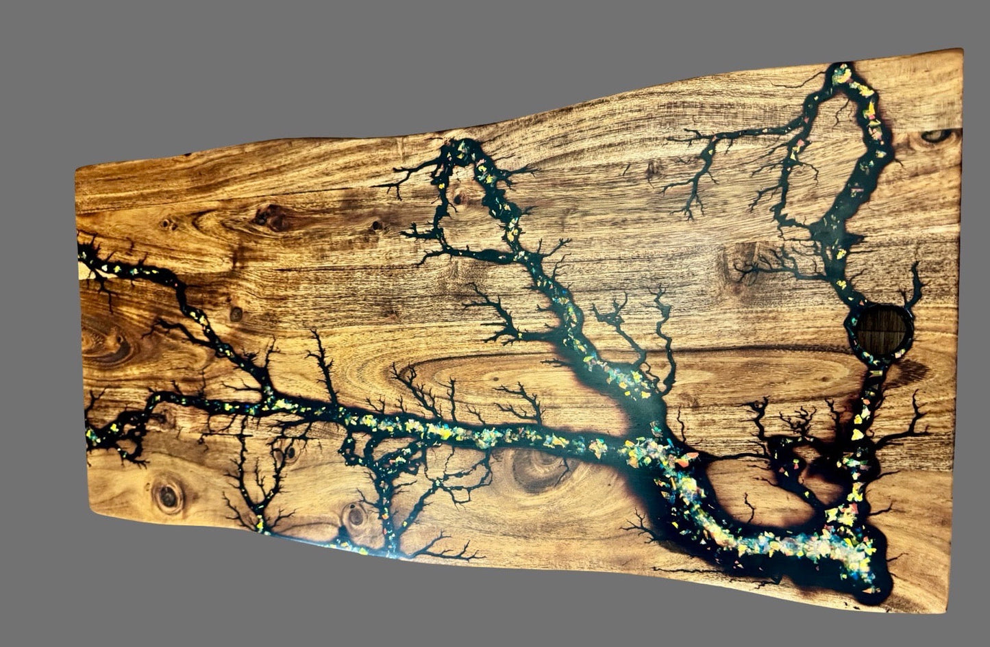 Fractal Flow Designs live edge resin cheese board – handmade in Bairnsdale East Gippsland, ships Australia-wide.