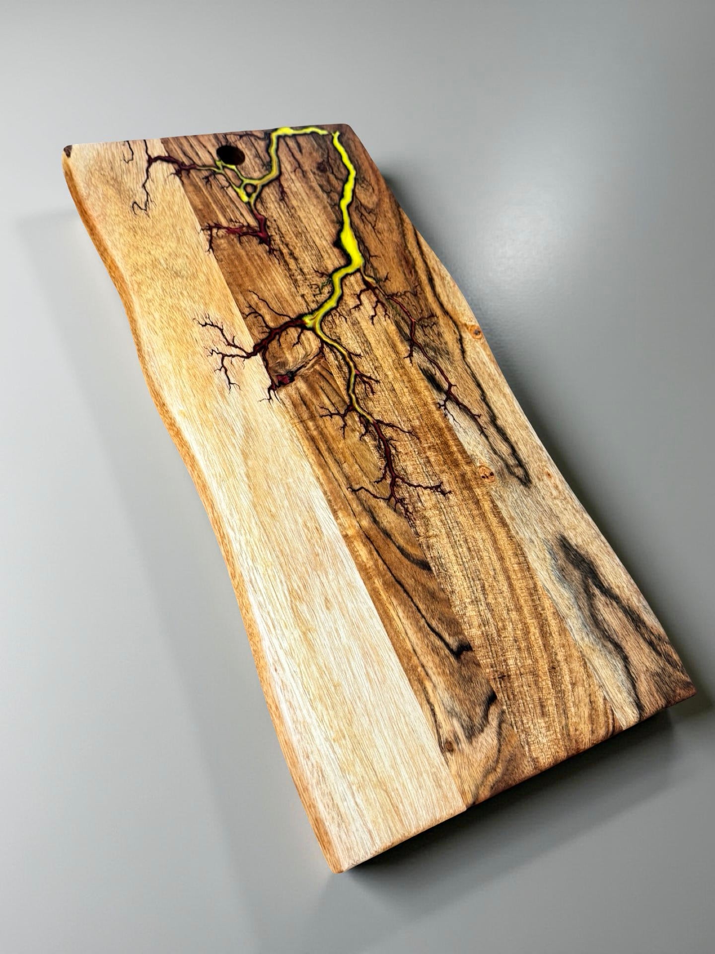 Handcrafted fire resin grazing board red and yellow resin art live edge style with powerful fractal burning Art