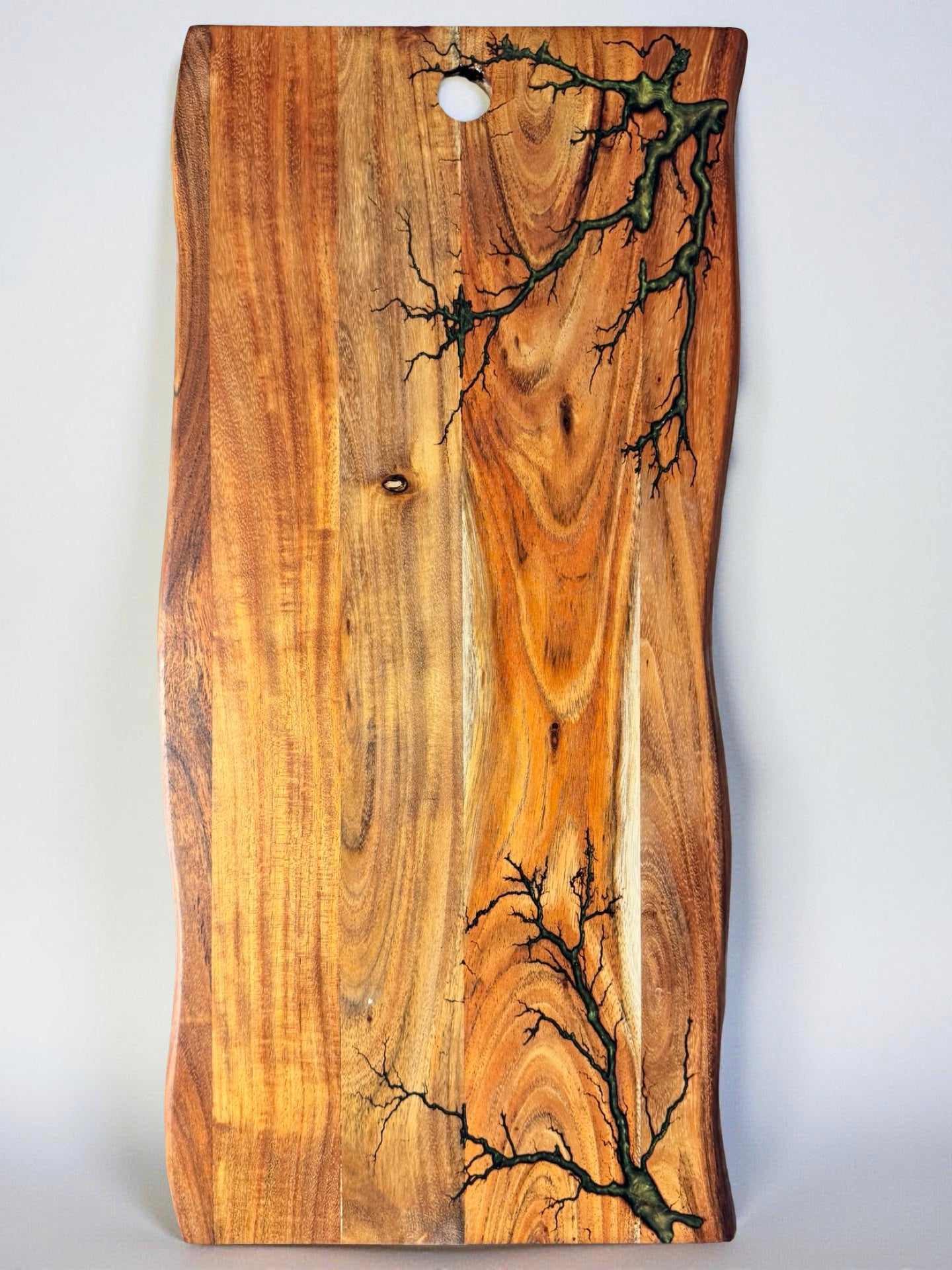 Handcrafted live edge charcuterie board gold chameleon resin boards Australia artisan fractal burn design