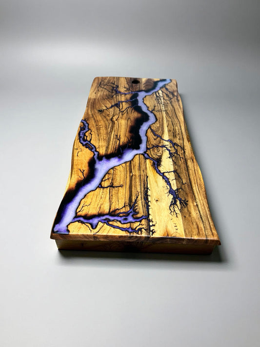 Iridescent purple resin live edge board with lightning style burn art, premium Australian resin boards