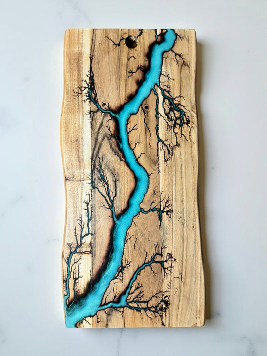 Iridescent green live edge charcuterie board resin boards Australia artisan build with intense fractal burn