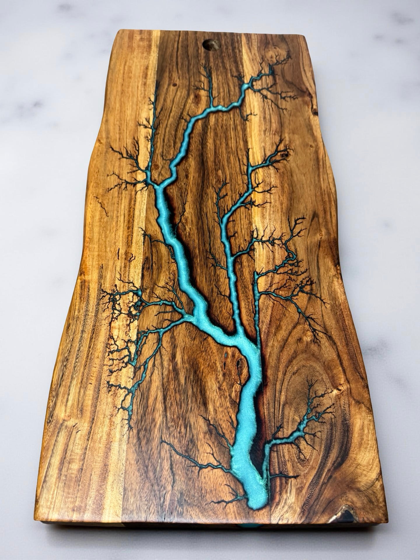 Teal resin live edge serving board with lightning strike burn pattern, handcrafted Australian timber