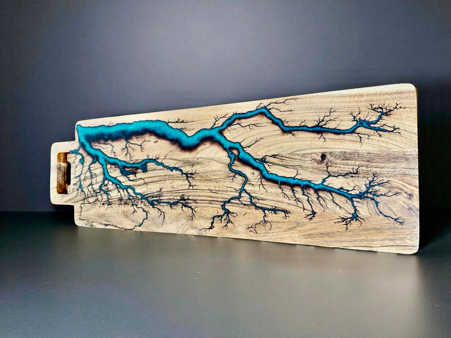 Premium long charcuterie board teal resin inlay Australian timber handmade by Fractal Flow Designs resin boards Australia East Gippsland grazing platter