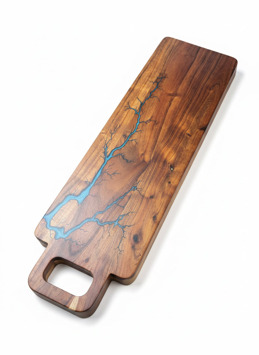 Premium long light blue resin platter with fractal burning detail handcrafted in East Gippsland