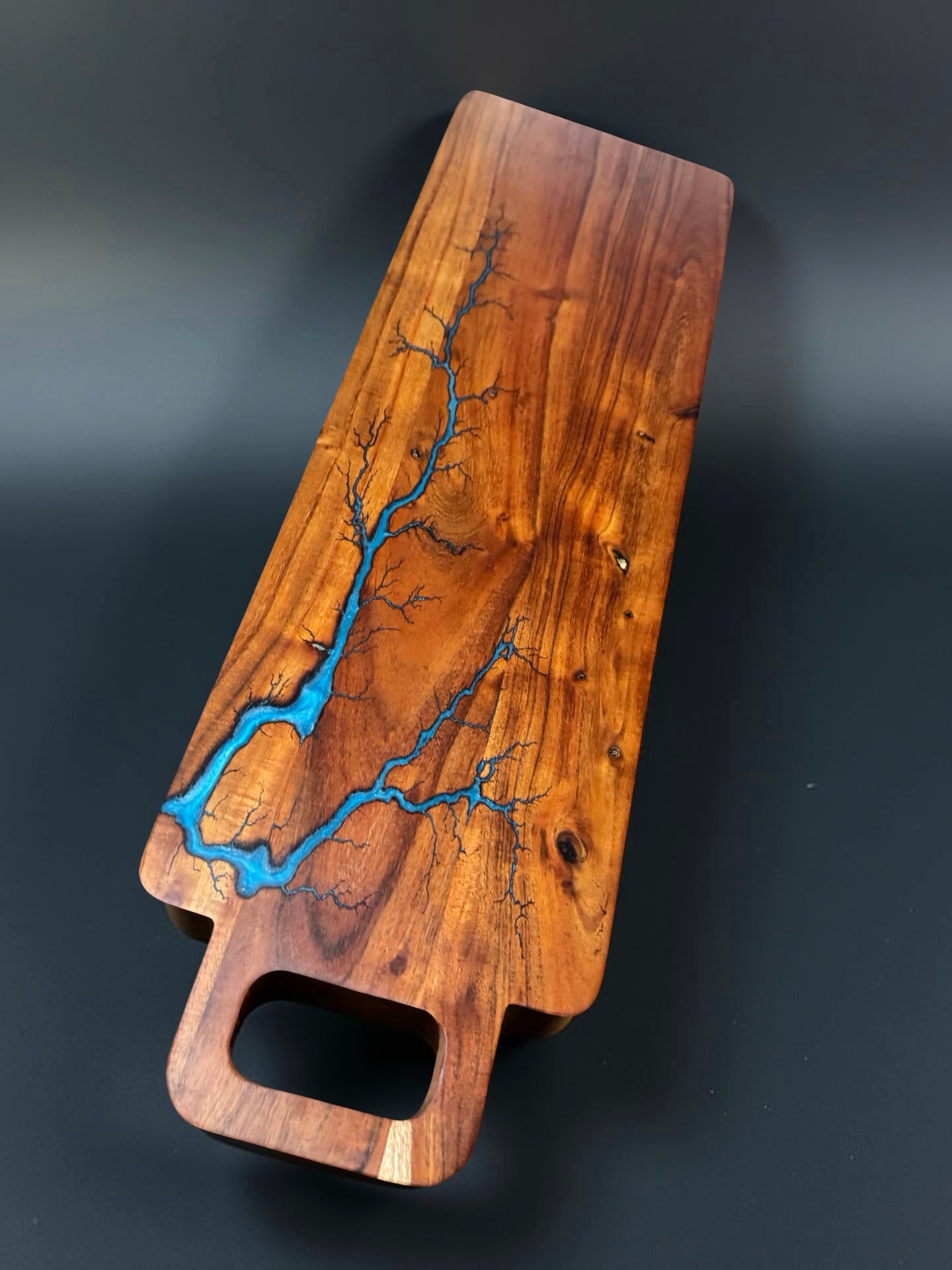 Long resin grazing platter with premium resin fractal burning art handcrafted in Australia