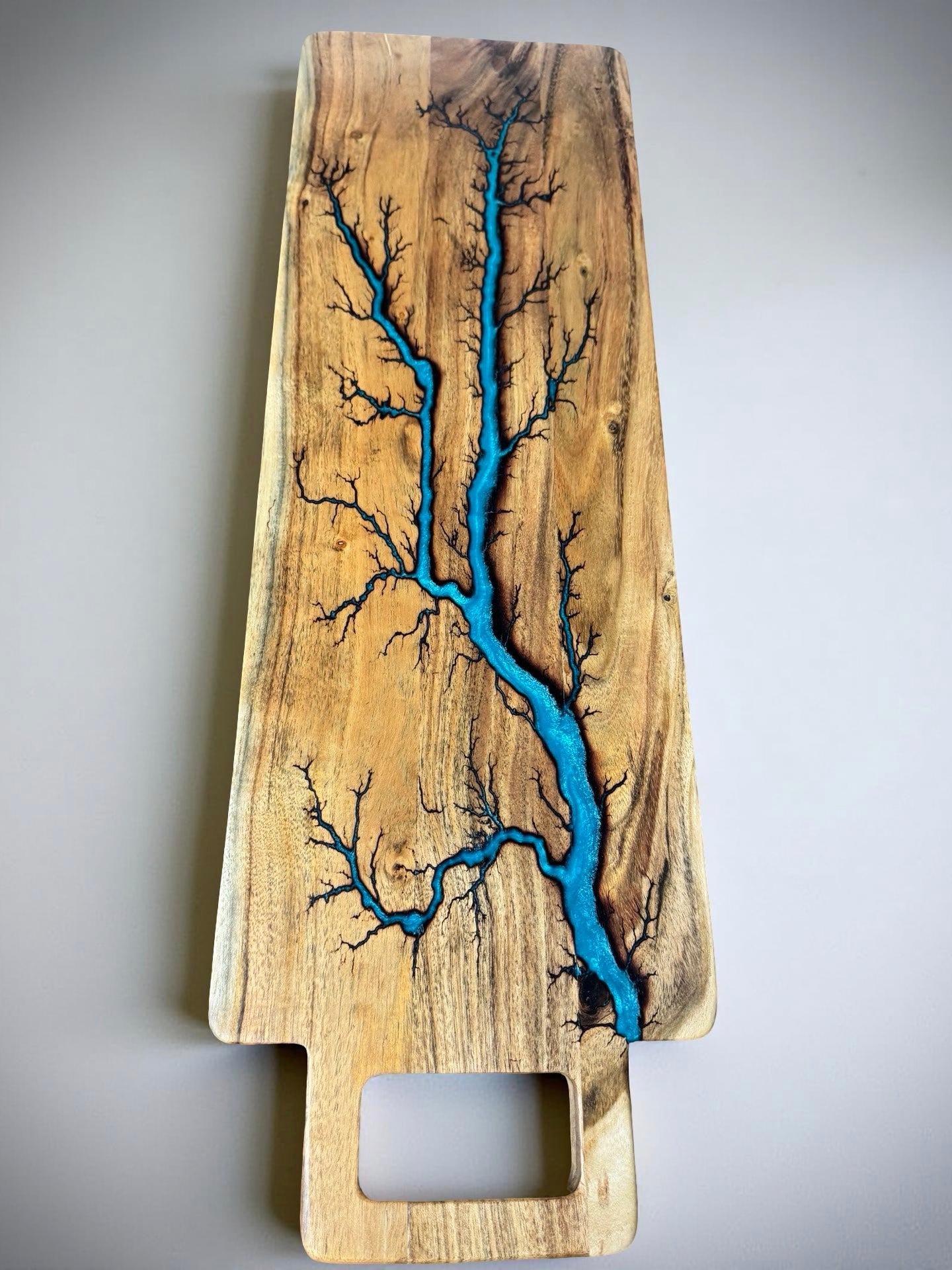 Long charcuterie board electric resin lagoon blue finish, luxury resin art boards Australia